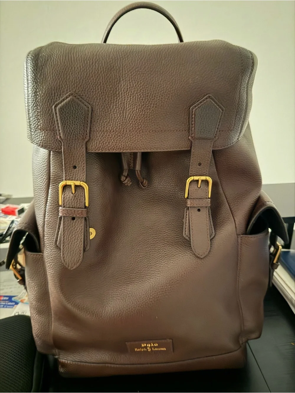 Ralph Lauren Dark Brown Pebbled Leather Backpack with Gold Buckles- Brand New